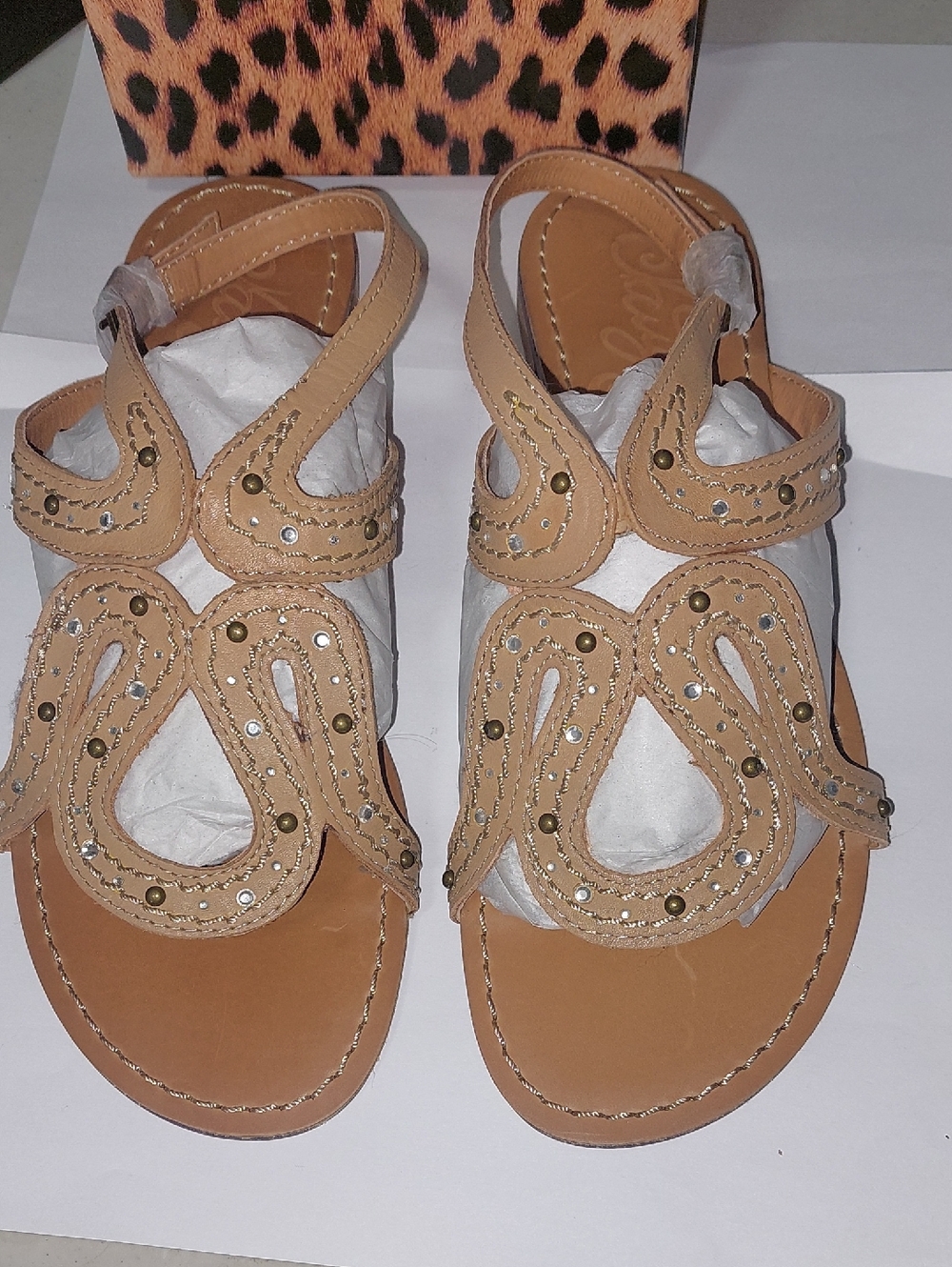 Naughty Monkey Women’s Tan Embellished Leather Sandals.New In Box .Size 6.5